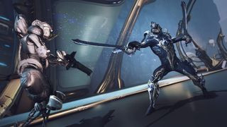 Warframe art showing two warframe characters fighting using swords in an indoor location. large windows show a night sky behind them. The alt text is: Fast-paced sci-fi action in Warframe, a lightning-quick third-person shooter with customizable characters and swift upgrades in a high-tech space opera setting.