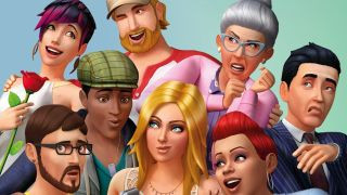 The Sims 4 artwork showing 8 sims: a pink and black short haired woman, a brunette man with a bear, a man wearing a green flatcap, a blonde woman, a blonde man with a beard, a grey-haired older woman with her hair tied up, a red haired woman, and a black haired man wearing a blue suit. The alt text is: Creative life simulation in The Sims 4, offering free exploration of Oasis Springs and Willow Creek, where players build families, homes, and community lots with endless possibilities.