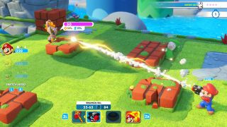 Mario fires at a Rabbid in Mario + Rabbids Kingdom Battle