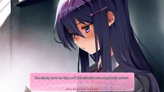 Doki Doki Literature Club screenshot showing a black haired girl with purple eyes. On-screen text reads: she simply parts her lips, as if this situation was completely normal. The alt text is: Psychological twist in Doki Doki Literature Club, a cutesy dating-sim that evolves into a visual novel, challenging player expectations and creating a unique gaming experience.