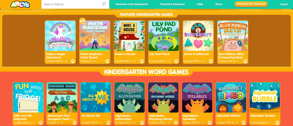 ABCYa interface on a computer screen for games to play at school online that are not blocked