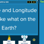 Factile Jeopardy game maker showing the Buzzer Mode interface, where students answer a geography question about latitude and longitude lines.