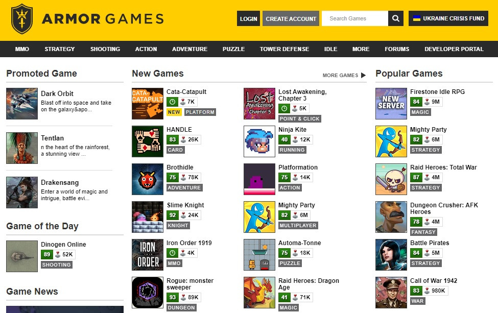 Armorgames logo on a computer screen for games to play at school online that are not blocked