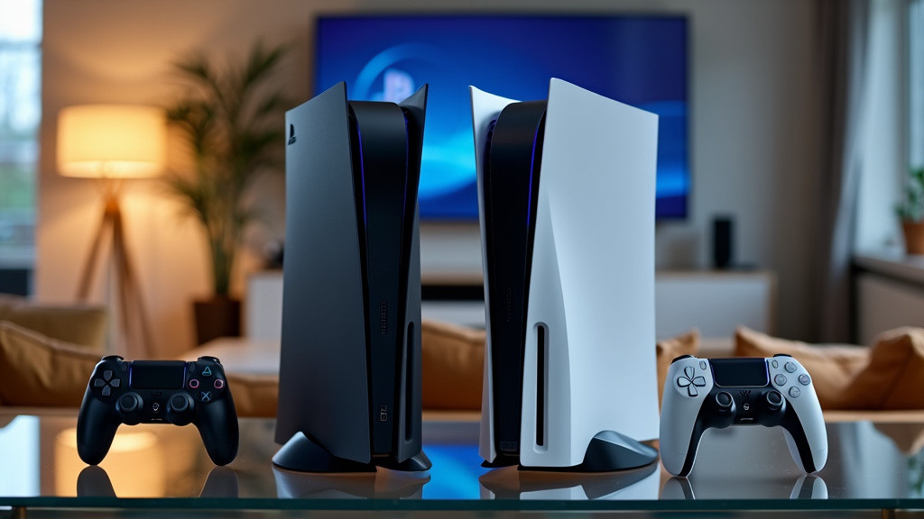 Two video game consoles with their controllers placed on a table in a modern living room