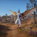 Best battle royale games: Naraka Bladepoint. Image shows a character with wings flying around the countryside in a screenshot from the game.