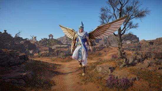 Best battle royale games: Naraka Bladepoint. Image shows a character with wings flying around the countryside in a screenshot from the game.