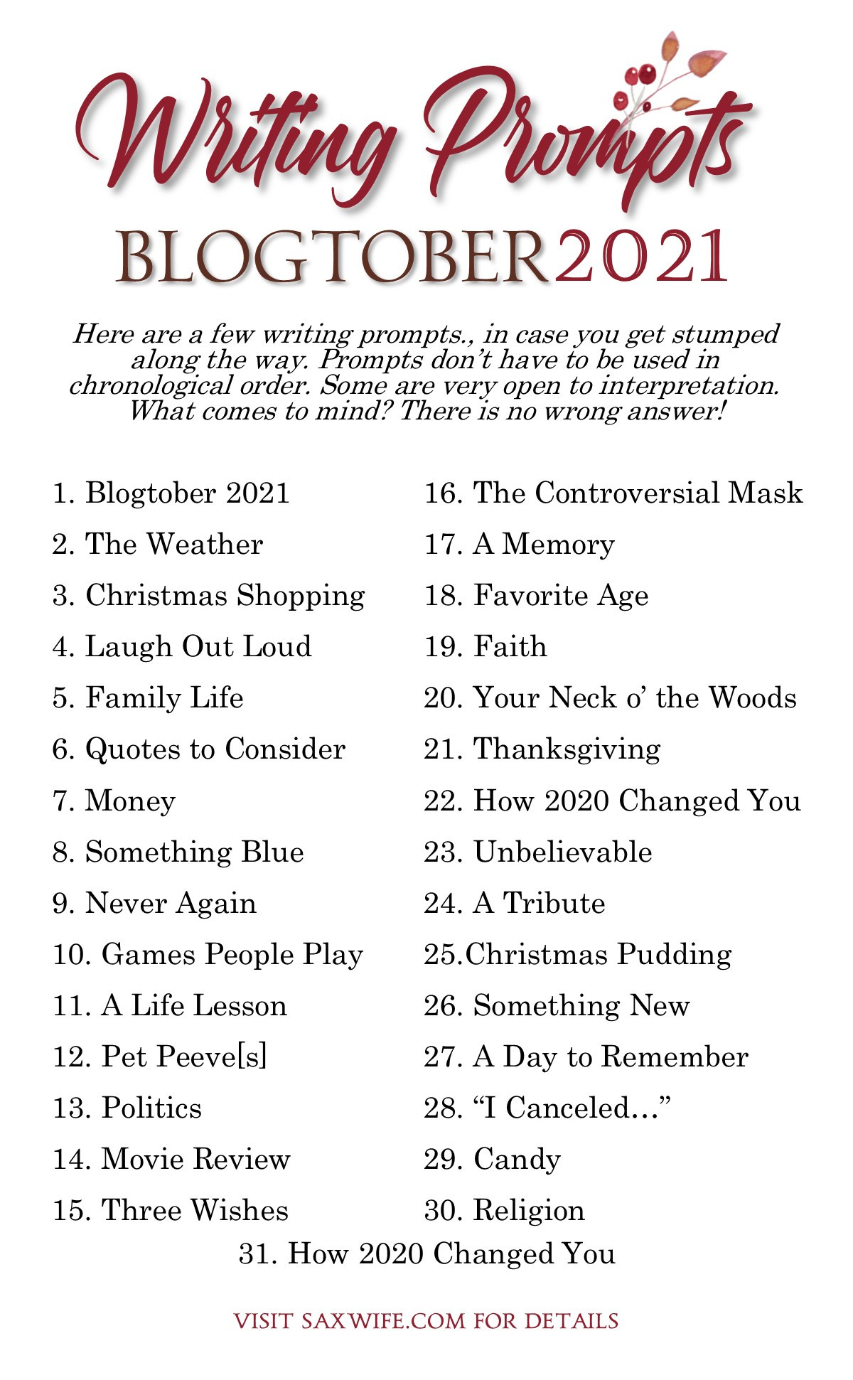 The image displays Blogtober 2021 writing prompts