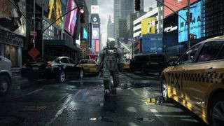 A player walking in a futuristic street in the upcoming PS5 game, Pragmata