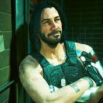 Cyberpunk 2077 character Johnny Silverhand with arms crossed looks away from the camera and smiles