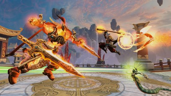 An enemy is ablaze with fire and rushes towards its opponent in Smite