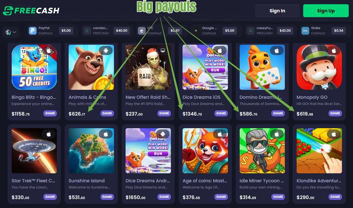 Freecash provides examples of payout to users