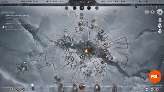 A frozen colony in Frostpunk 2, showcasing the city-building and survival elements.