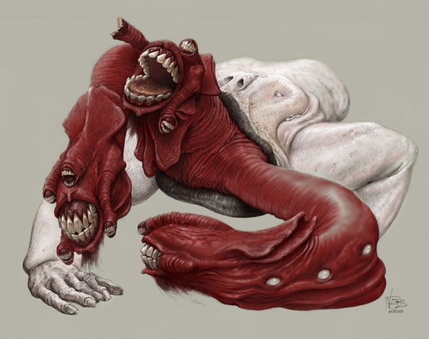 Cerberus from Dantes Inferno video game, designed by Wayne Barlowe, a horrific three-headed wolf embodying gluttony