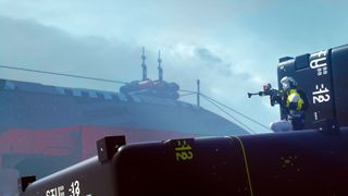 A runner holding a gun and sitting on top of a black structure during the Marathon game PS5 reveal