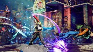 Terry Bogard punching enemies during a fight sequence in the upcoming PS5 game, Fatal Fury: City of the Wolves