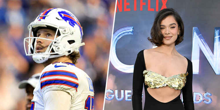 Josh Allen proposing to Hailee Steinfeld with floral arch and candles symbolizing their engagement