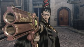 Bayonetta pointing a bronze gun