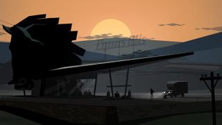 Kentucky Route Zero game screenshot showing a character at a gas station