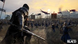Conqueror. The alt text is: Epic medieval battles in Conqueror's Blade, a tactical MMO where players control armies and engage in large-scale sieges with siege weapons and cunning strategies.