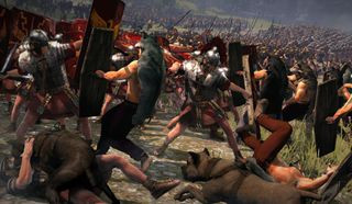 Roman legionaries engaged in battle against warriors in wolf pelts, showcasing the intensity and variety of factions in Rome 2
