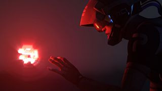 A Runner reaching towards a glowing red orb during key artwork for Marathon.