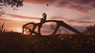 Fable 4 screenshot of a character sitting on a giant pair of glasses that has broken lenses