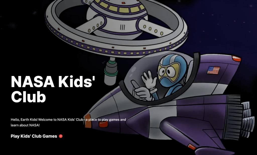 NASA’s Kids’ Club interface on a computer screen for games to play at school online that are not blocked