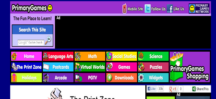 PrimaryGames interface on a computer screen for games to play at school online that are not blocked