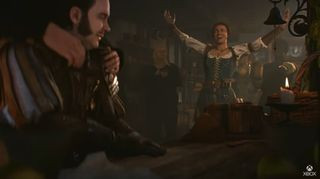 Fable 4 trailer screenshot of a character cheering in a pub