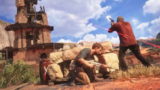 Nathan Drake holding a rifle and taking cover in Uncharted 4