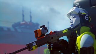 A close up of a blue woman Runner during the Marathon game PS5 reveal.