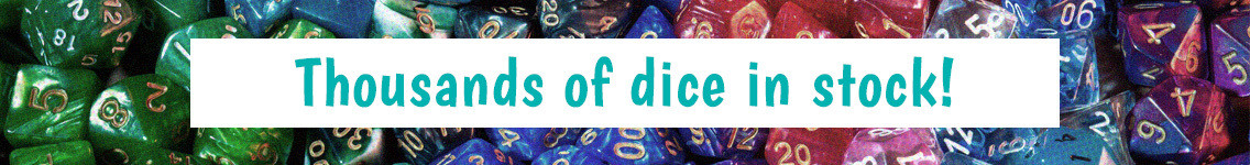 A variety of game dice, including d4, d6, d8, d10, d12, and d20