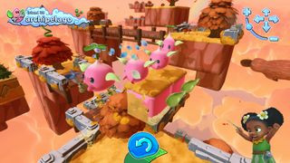 Hana conducting three pink creatures in Tempopo, an upcoming Switch game.