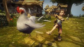 Fable 1 screenshot of the player character kicking a chicken
