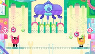 Two characters ready themselves to cooperate in the colorful Snipperclips