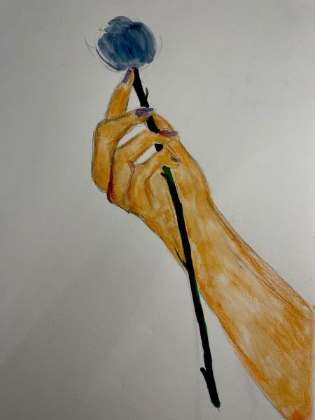 Coriolanus Snow holds up a rose, which he gave to Lucy Gray Baird when they first met, showing a symbol of their initial connection
