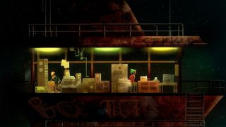 Oxenfree game screenshot featuring a group of teenagers on an island