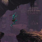 Abe, a green creaure in a loincloth, jumps over a gap while being chased by a monster