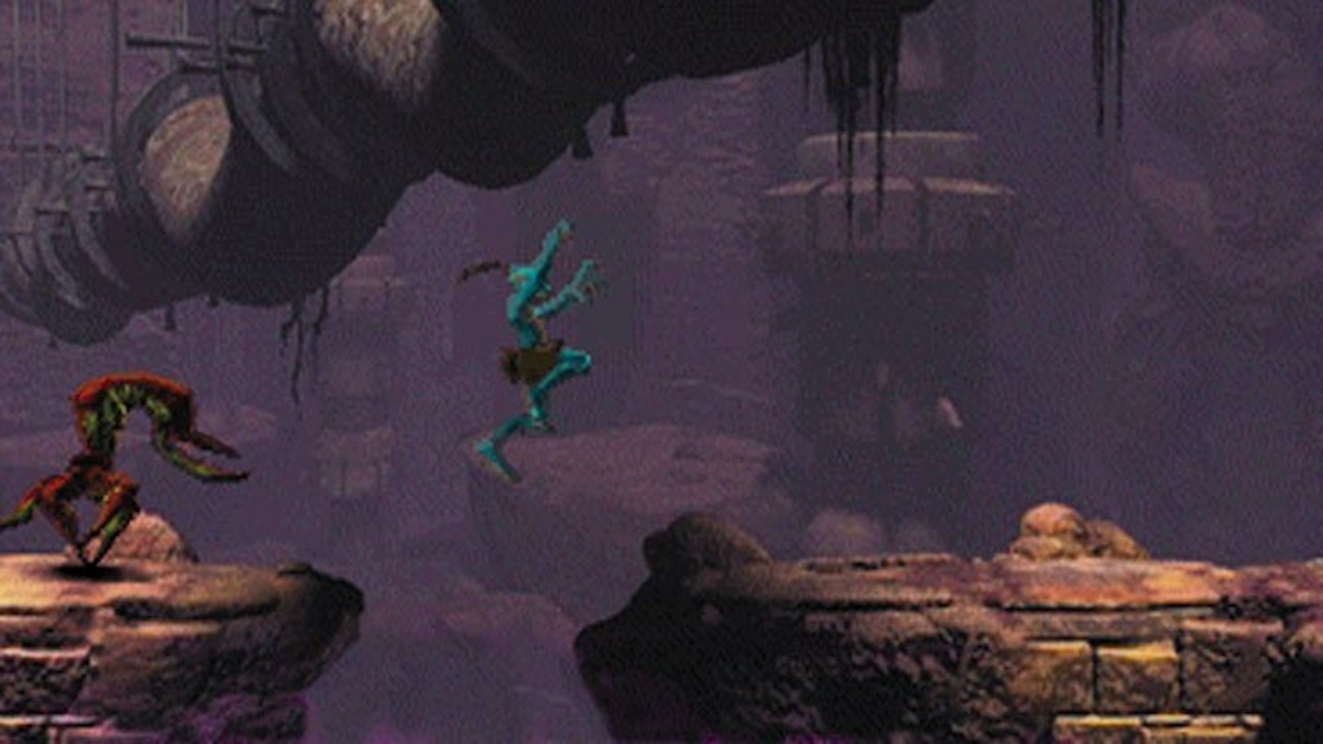 Abe, a green creaure in a loincloth, jumps over a gap while being chased by a monster