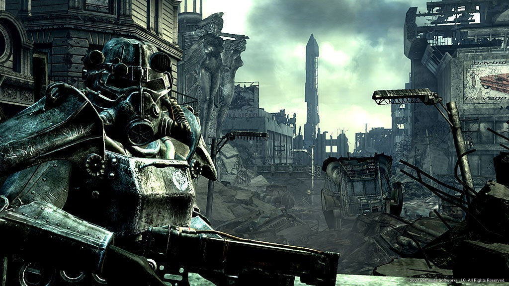 Fallout 3 character in power armor in front of a destroyed city