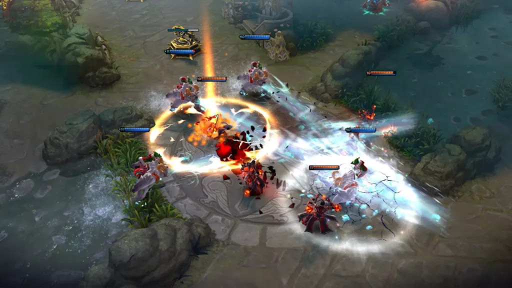 Vainglory gameplay featuring heroes battling in a lane, showcasing its cross-platform MOBA action.