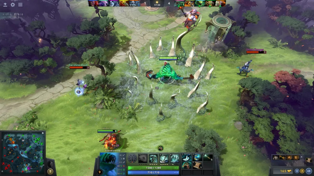 Dota 2 battle scene with heroes engaging in combat near their base, showcasing strategic base defense.