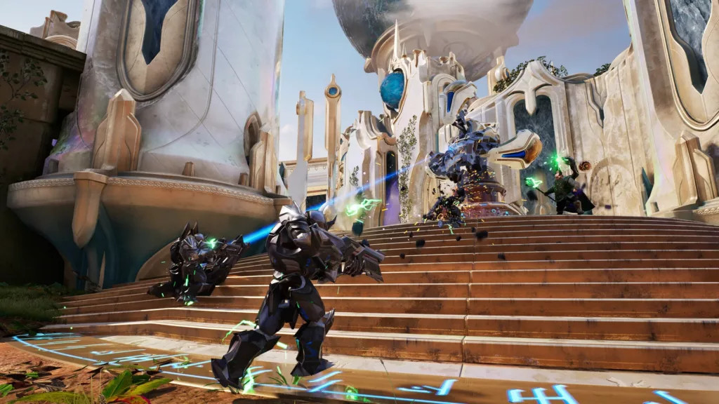 Predecessor in-game action showing a 5v5 battle in a steampunk-inspired arena with detailed character designs.