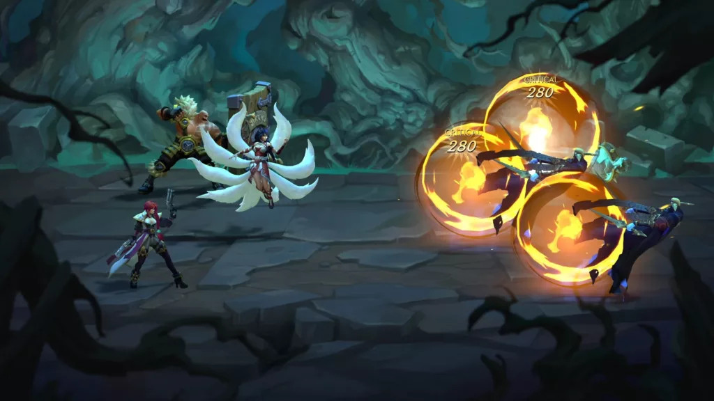 Ruined King showcasing turn-based combat and characters Ahri, Braum, Illaoi, Miss Fortune, Pyke, and Yasuo in action.