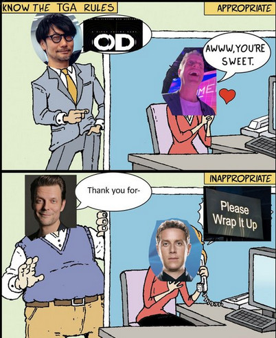 A meme referencing the &quot;Please Wrap It Up&quot; teleprompter message from The Game Awards, playing on the idea of being cut off abruptly