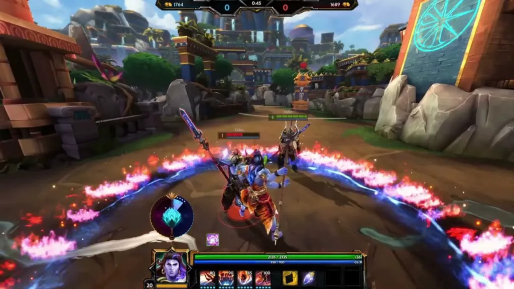 Smite displaying a battle between mythology-based characters, showcasing diverse character classes and strategic team play.