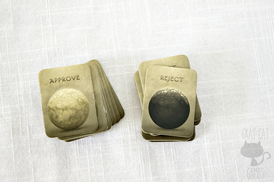 Avalon board game in play, showing voting tokens and player interaction