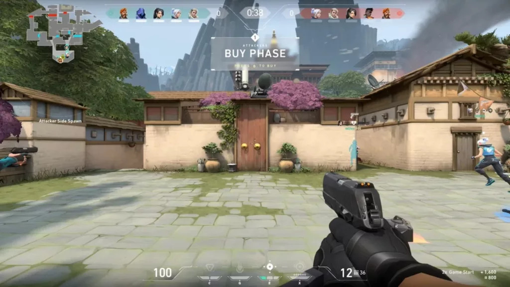 Valorant scene showing agents in tactical combat on a map, highlighting gun and ability-based gameplay.