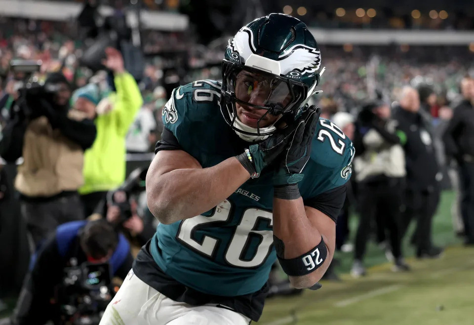 Saquon Barkley and the Philadelphia Eagles celebrating their Super Bowl berth