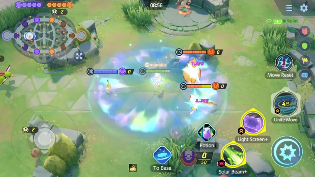 Pokémon Unite action featuring Pokémon characters battling in a 5v5 arena, showcasing a MOBA with Pokémon elements.